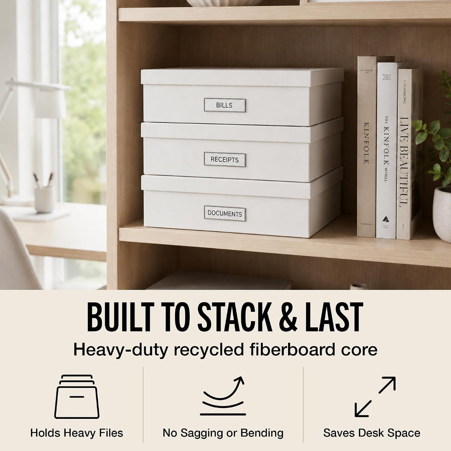 Bigso Oskar Fiberboard Label Frame Document Letter Box - File Organizer Box for Important Paperwork - Durable Document Storage with a Lid & Metal Label Window - 3.3 in x 10.2 in x 13.8 in - White