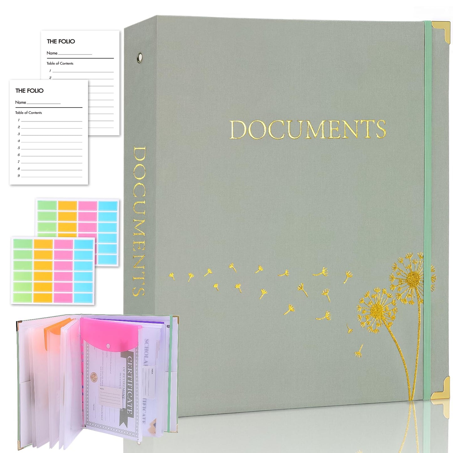 XKDOUS Important Document Organizer 3 Ring Linen Binders Folio File Folders | Navy Expanding Storage Holder with Gold-foiled Hardcover, 9 Pockets & Labels for A4, Letter Size Papers, Home & Office
