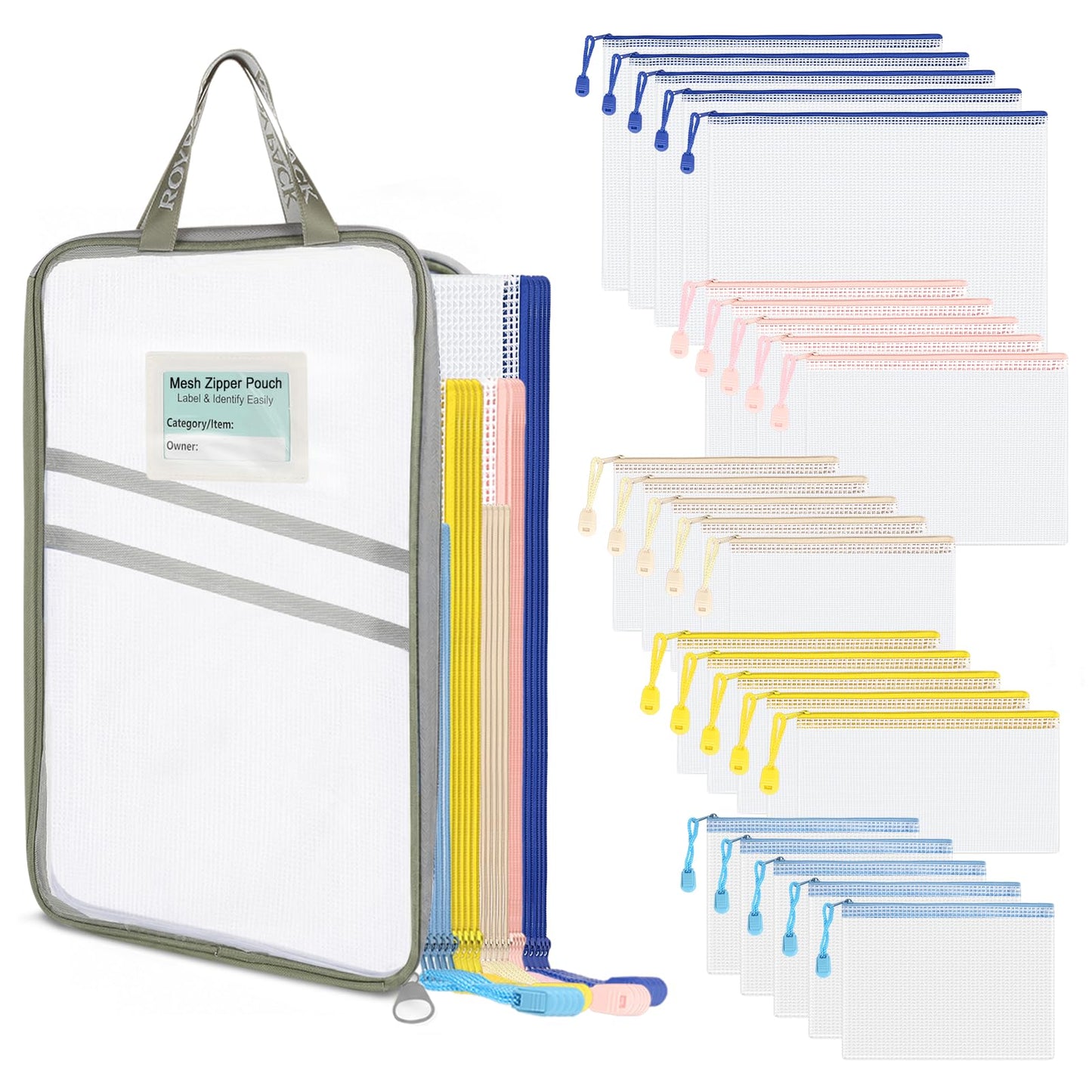 7 Pack PVC Mesh Zipper Pouch Set with 1 Organizer Bag, 8pcs | A4/Letter Size Translucent File Bags Water-Resistant Plastic Document Pouches for Office College School & Travel Supplies