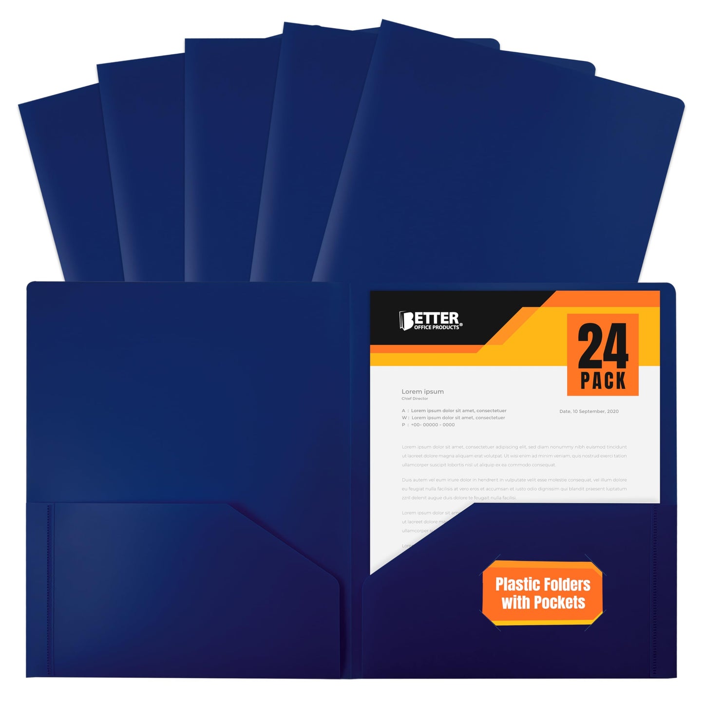 Better Office Products Heavyweight Plastic 2 Pocket Portfolio Folder, Letter Size Poly Folders 24 Pack (Black)