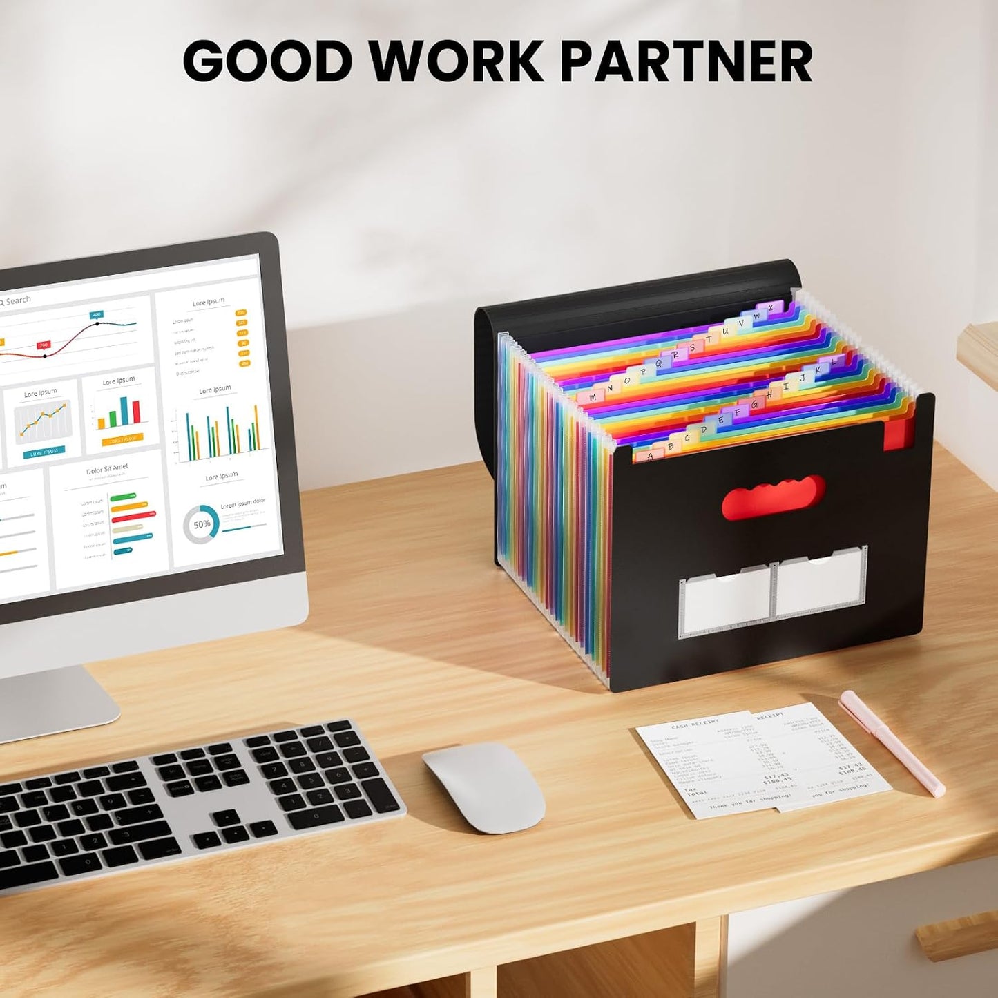 Sooez 24 Pockets Expanding File Folder, Accordion File Organizer, Letter/A4 | Expandable Cover, Desktop Accordion Folders Letter A4 Paper Document Storage Organizer, Black