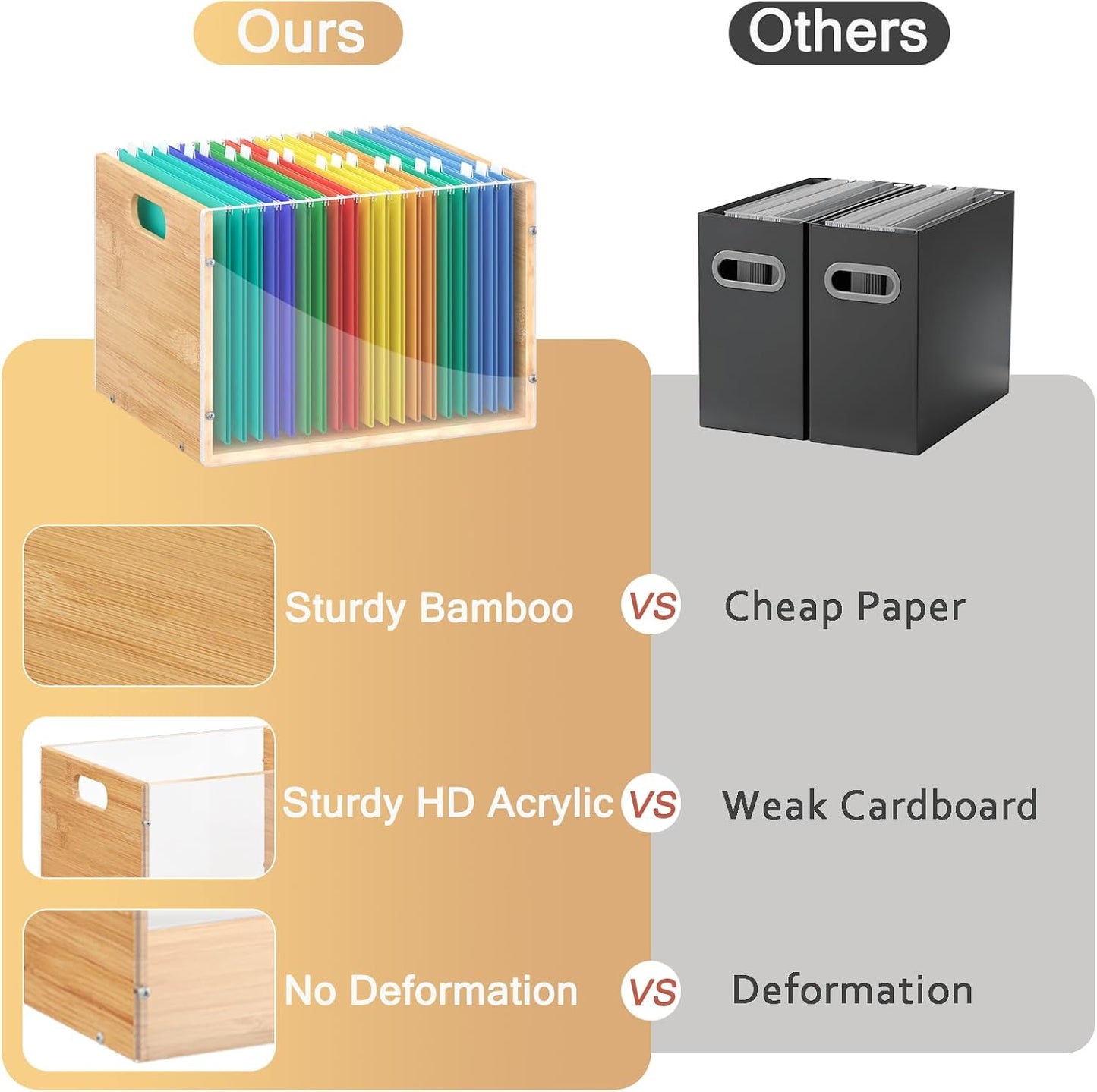 Sbanmao Clear Acrylic File Box Organizer, Bamboo Hanging Folder Storage Boxes, Filing Crate Bin Holder with Handle for Home Office Desk, Letter Size