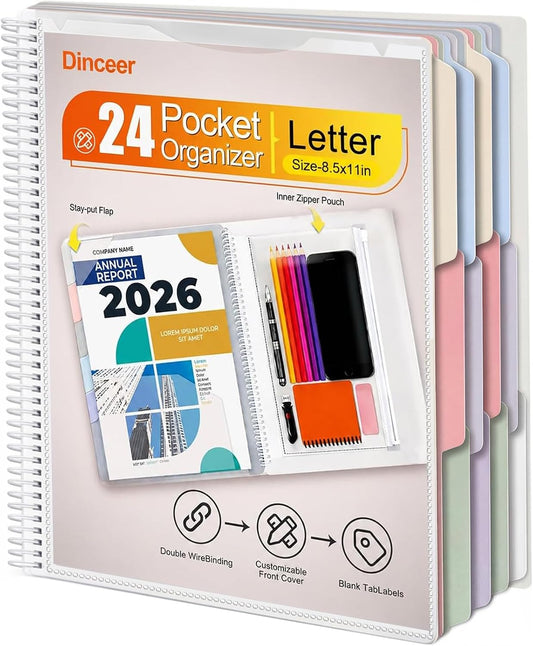 24 Pocket Spiral Project Organizer Folder, Morandi Color Multi Pocket Folder with Inner Zipper Pouch for School, Office, Bills and Documents