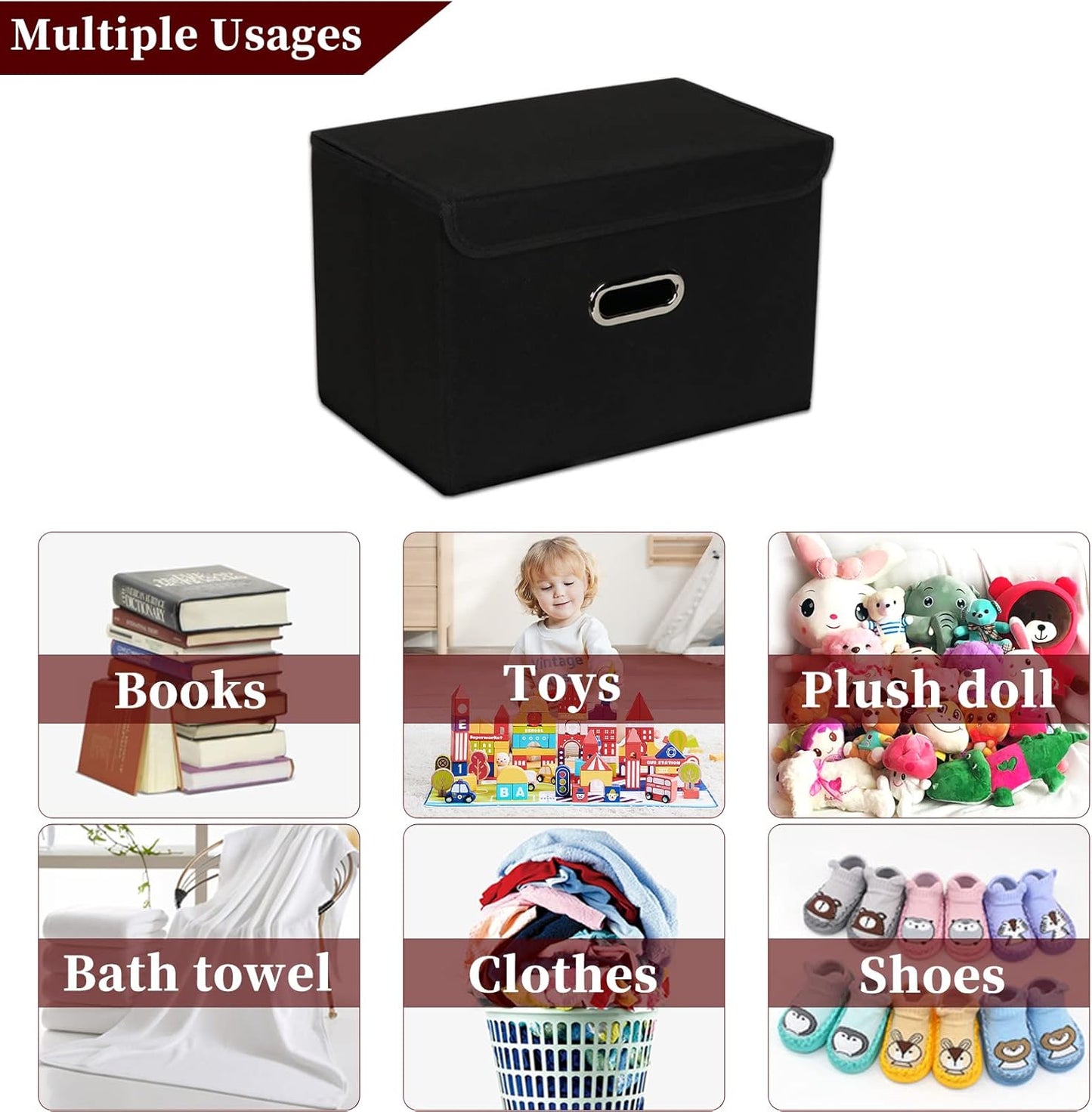 STOREONE Fabric Storage Cube Bins Foldable Organizer Container Collapsible Basket with Lids and Metal Handles, for Home, Bedroom, Closet (Black, 3 Pcs)