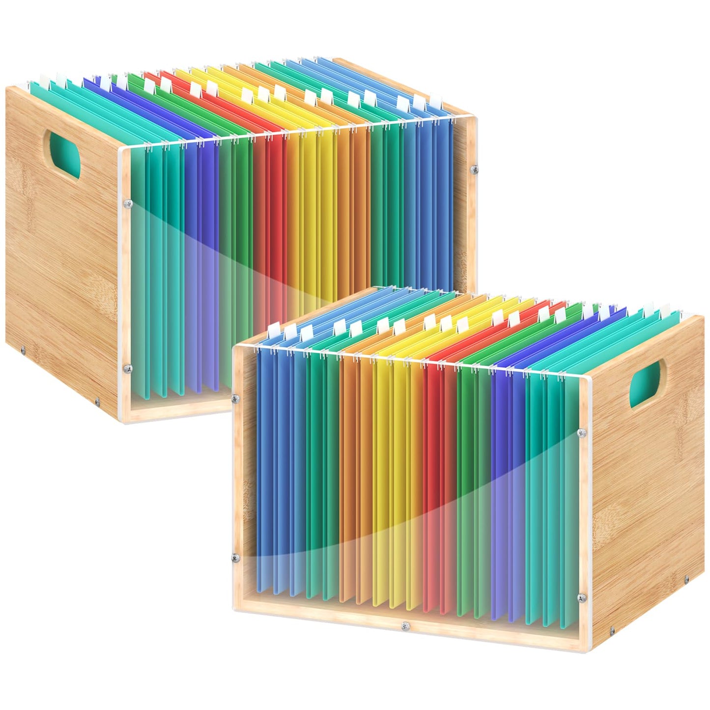 Sbanmao Clear Acrylic File Box Organizer, Bamboo Hanging Folder Storage Boxes, Filing Crate Bin Holder with Handle for Home Office Desk, Letter Size