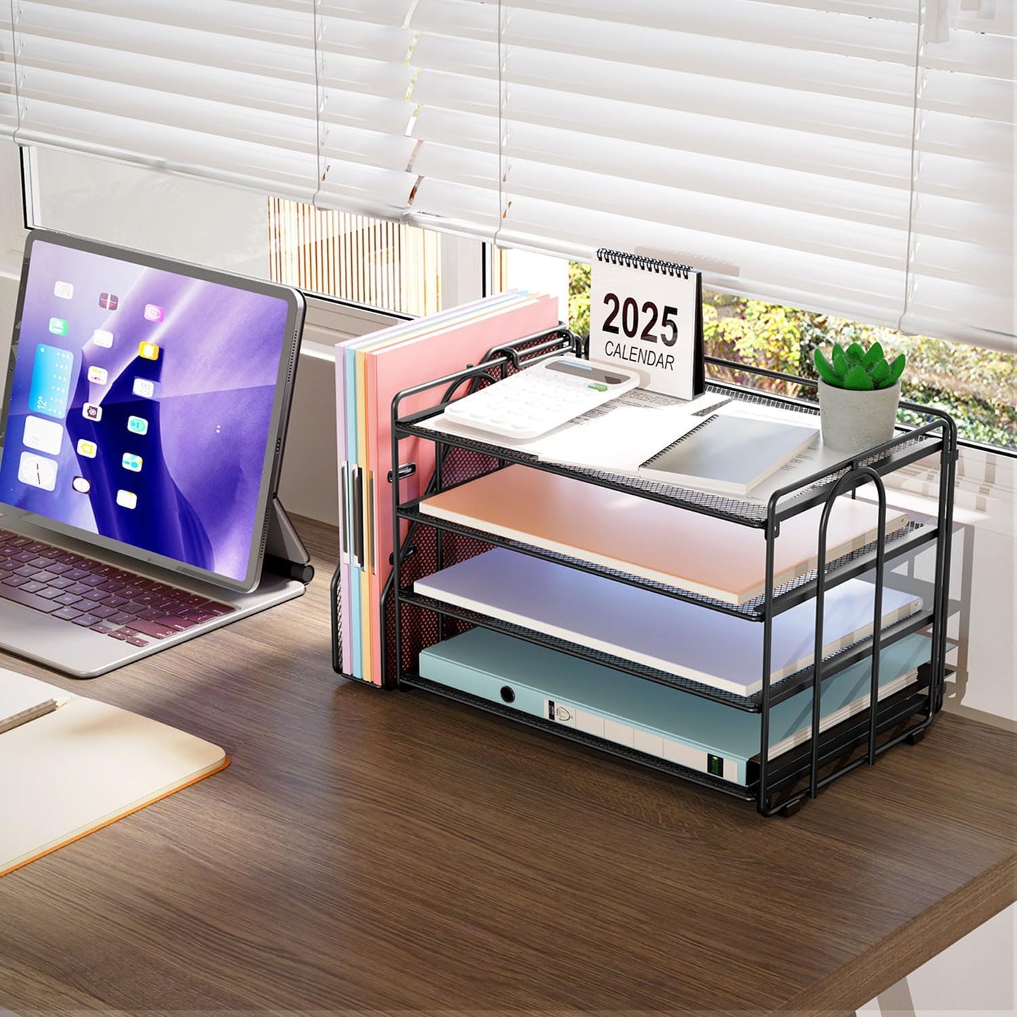 gianotter 4-Tier Paper Organizer With Magazine Holder | Desk Organizers and Accessories, File Organizer for Office Supplies Storag (Black, 4-Tier)