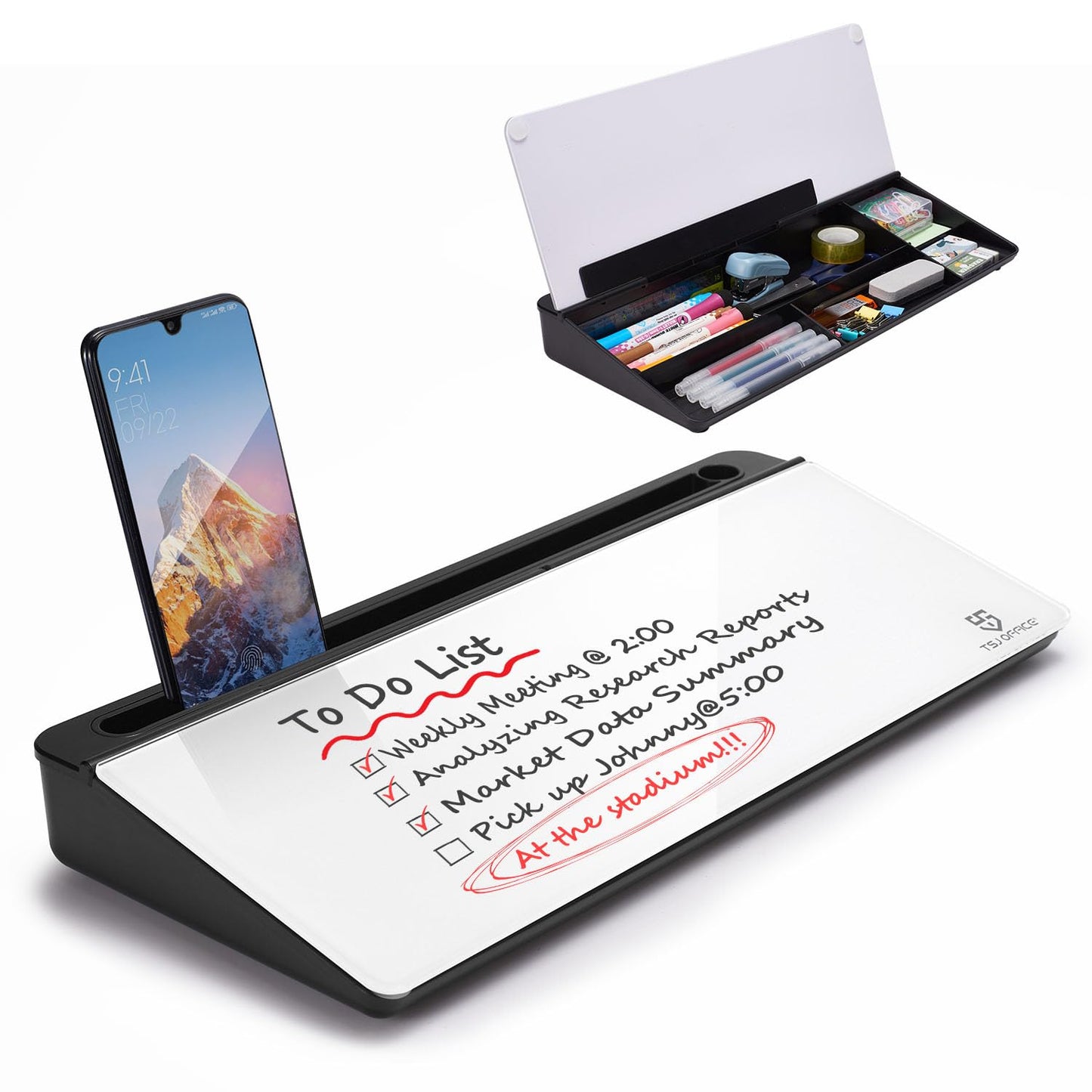Small Desktop Whiteboard -Glass Dry Erase Board Computer Keyboard Stand White Board Surface Pad with Drawer, Desk Organizers with Accessories for Office, Home, School Supplies - White