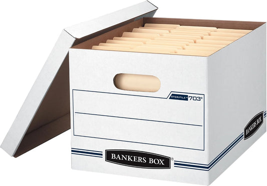 Bankers Box 12-Pack Basic-Duty File Storage Box with Lid, Letter/Legal | Tame everyday paperwork with affordable file boxes, lift-off lids, and reinforced handles for simple record storage.