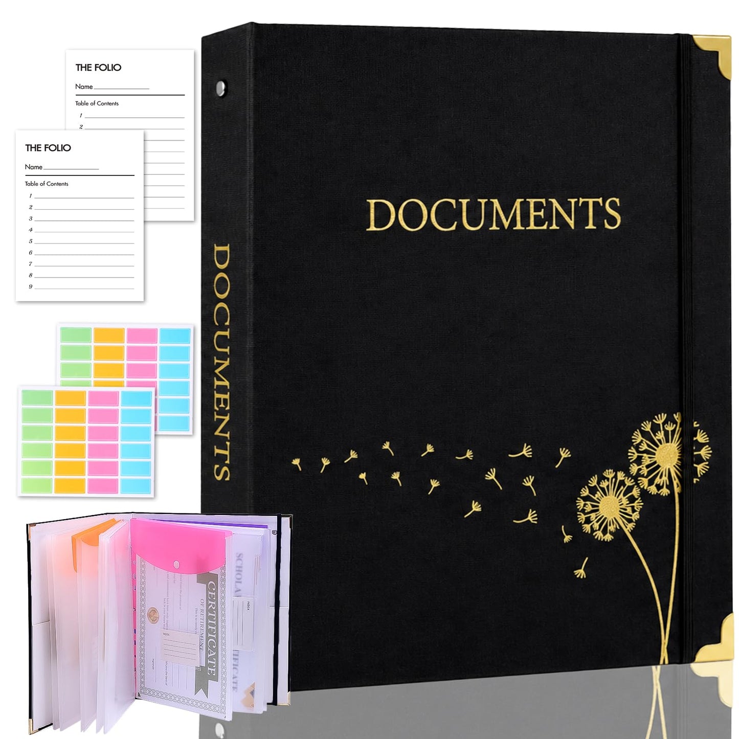XKDOUS Important Document Organizer 3 Ring Linen Binders Folio File Folders | Navy Expanding Storage Holder with Gold-foiled Hardcover, 9 Pockets & Labels for A4, Letter Size Papers, Home & Office