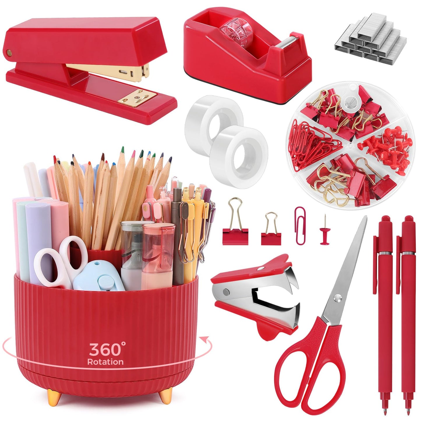 SKYDUE Pink Desk Accessories 10Pcs, Rotating Pen Holder for Desk, Stapler, Staple Remover, Tape Dispenser,2pcs Tape Refills, Binder Paper Clips Kit, Scissor,Pink Office School Supplies
