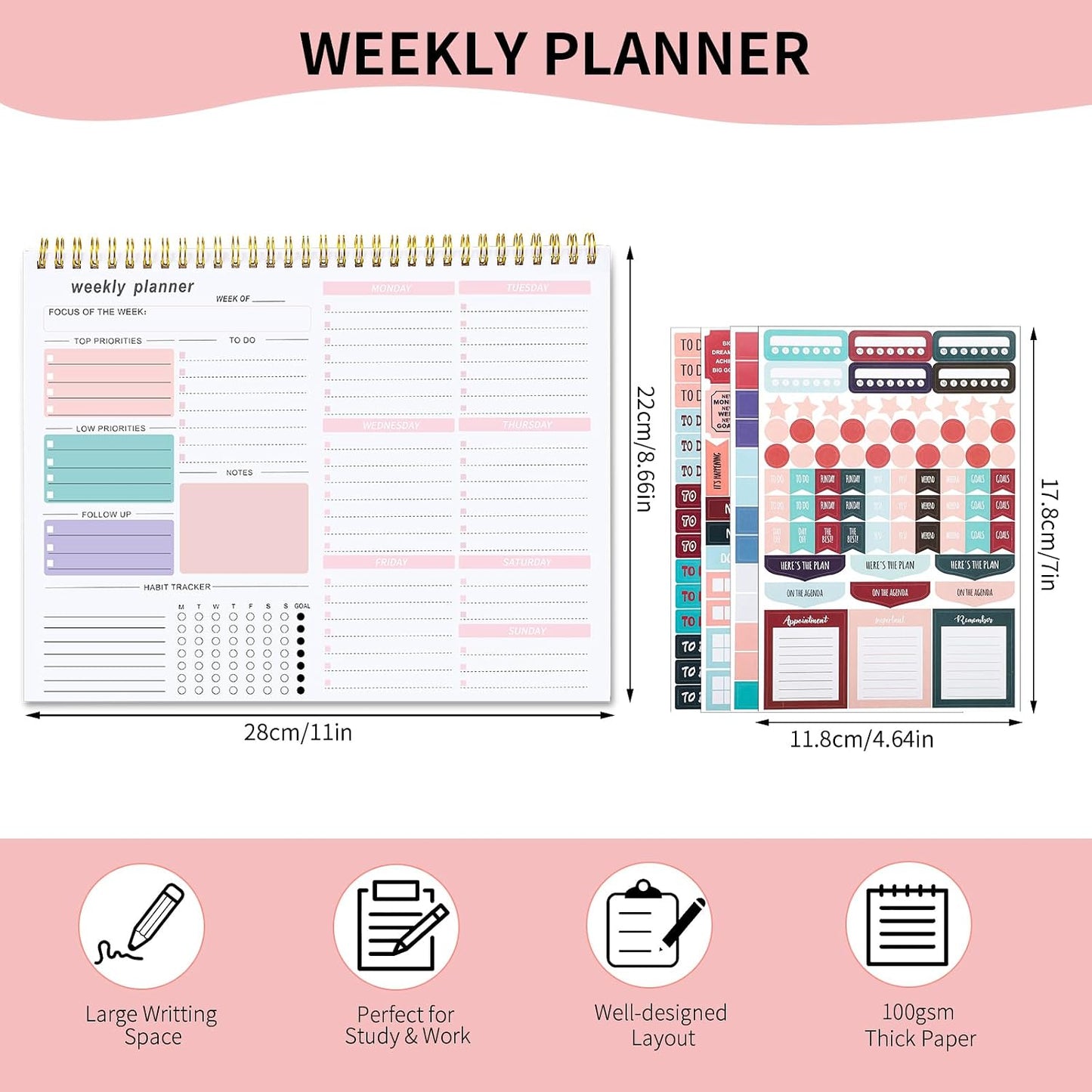 Thboxes Weekly Desk Planner, 8.5x11 In To Do List Notepad, 52 Sheets, Pink | Productivity Organizer, Work from Home Essentials, Undated Tear Off Pages, Office, College, School, Student and Teacher Gifts