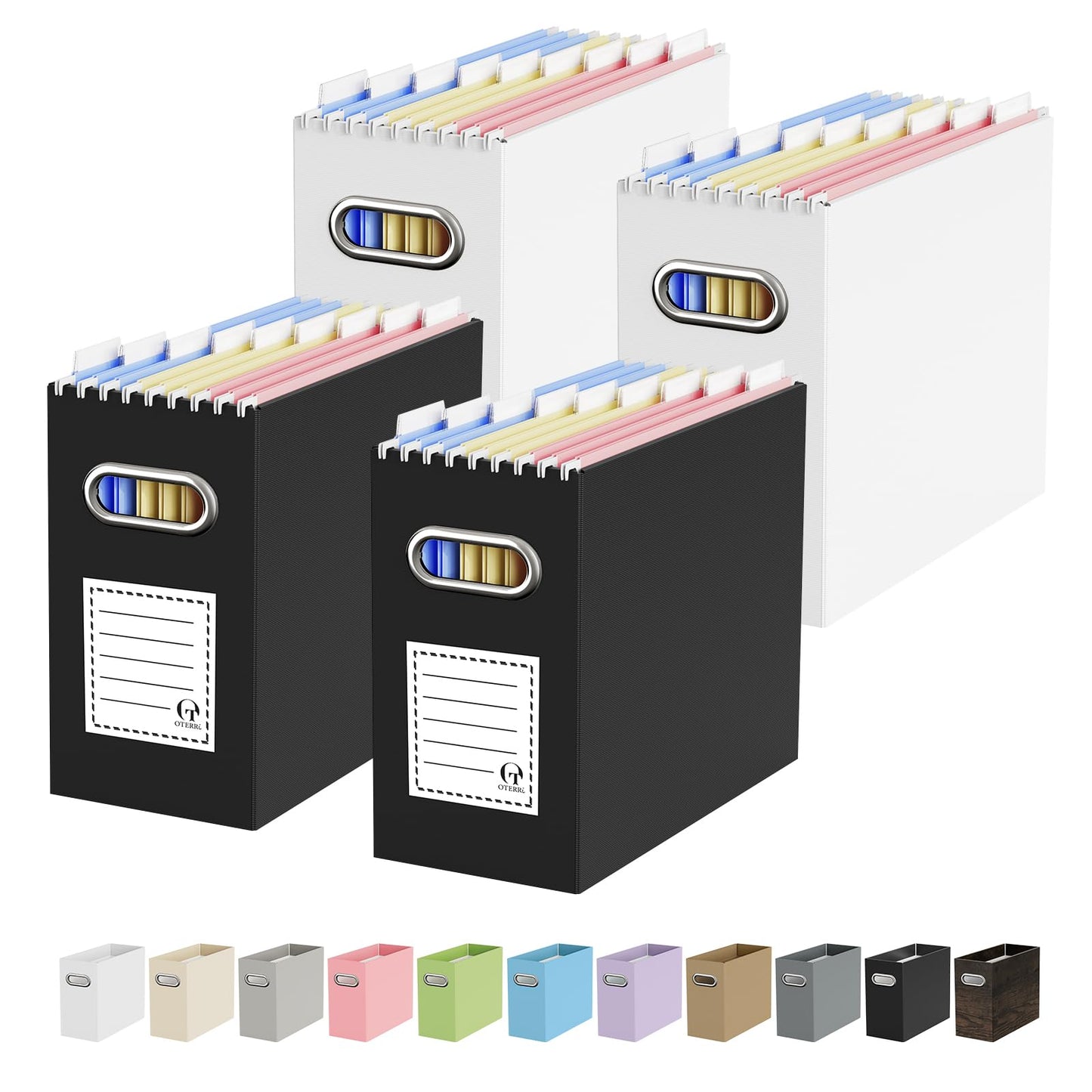 Portable Collapsible Cardboard File Box with Handle for Letter-Size | 4-Pack. Stainless Steel Handle. Label Stickers Included. Fits Letter Folders (Not Included). Home, Office, School, Dorm, Tax.