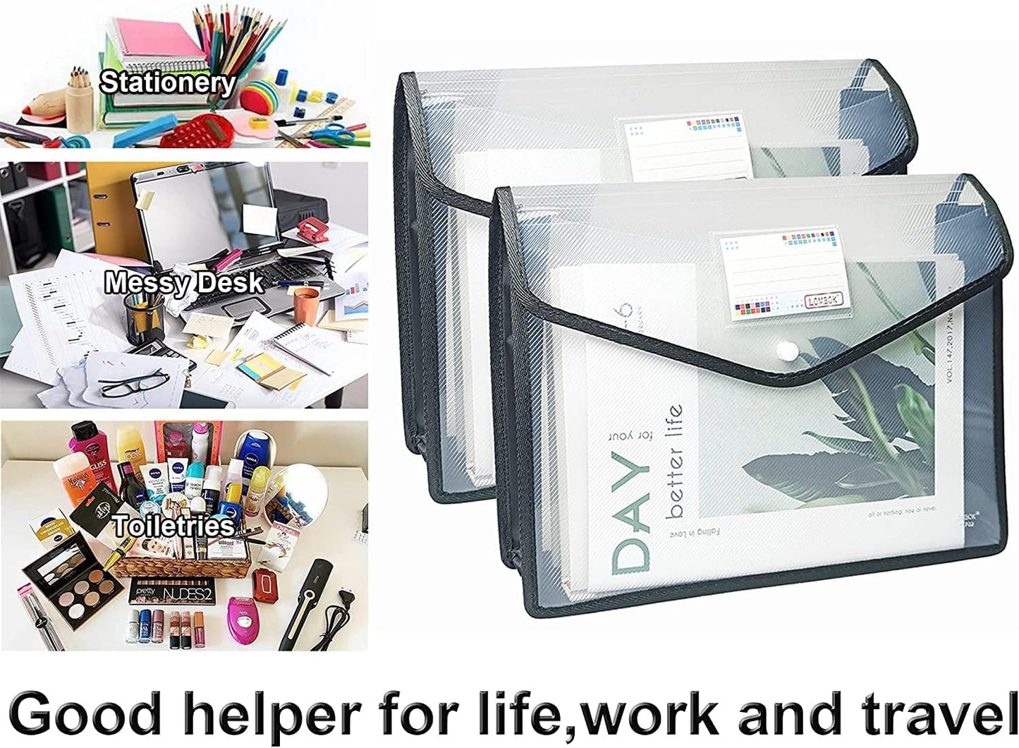 YoeeJob Plastic File Folders Legal Size Expandable Document Folder with Snap Button Closure, A4 Expanding File Wallet Envelopes Pouch with Label Pocket, 2 Packs, Black