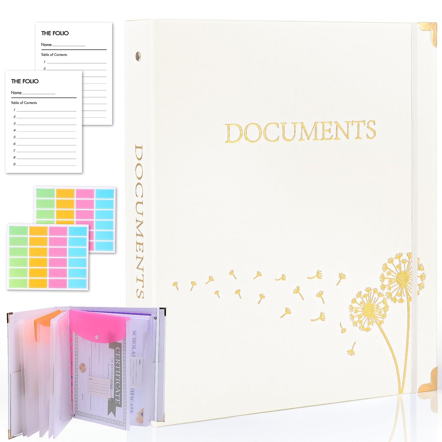 XKDOUS Important Document Organizer 3 Ring Linen Binders Folio File Folders | Navy Expanding Storage Holder with Gold-foiled Hardcover, 9 Pockets & Labels for A4, Letter Size Papers, Home & Office