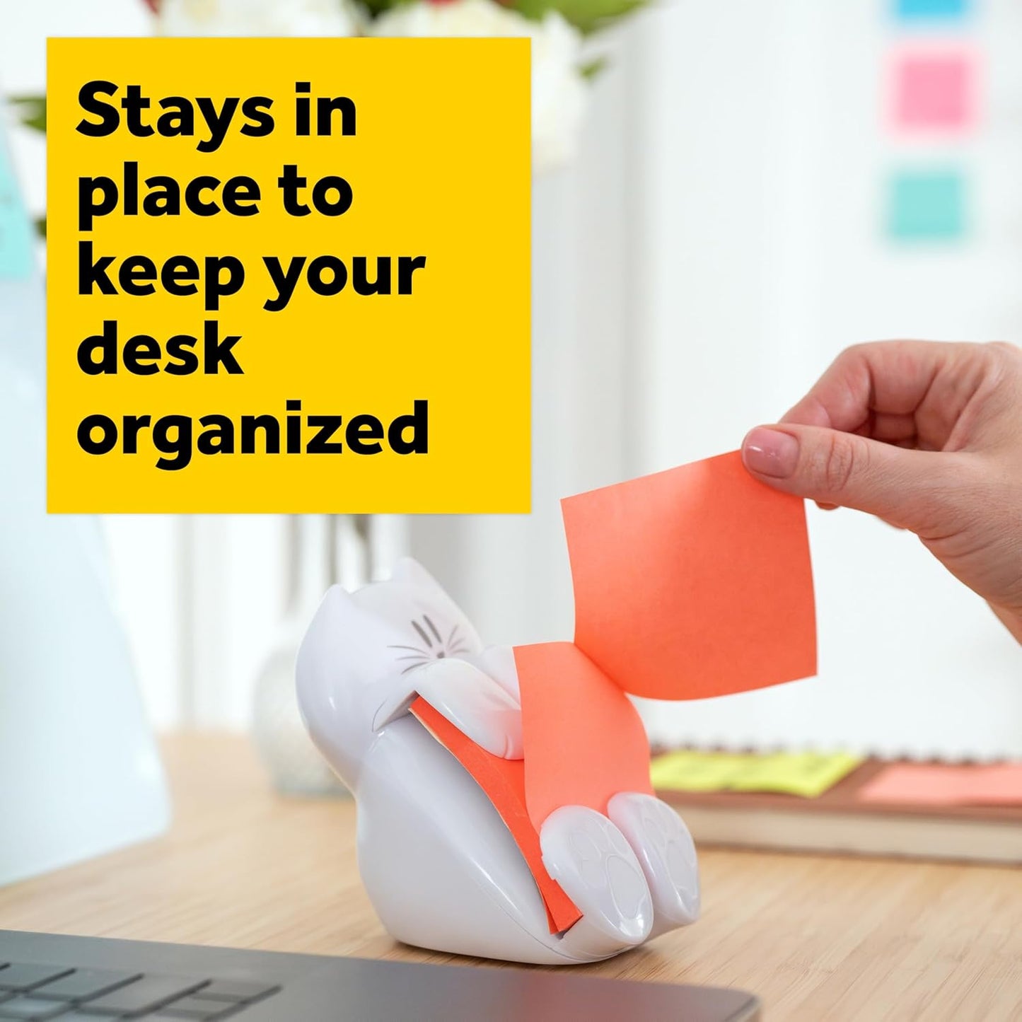 Post-it Note Dispenser, White Cat Design, 1 Dispenser, 1 Pad, 45 Sheets | Sticky Notes Holder for Desk, Classroom or Office Supplies