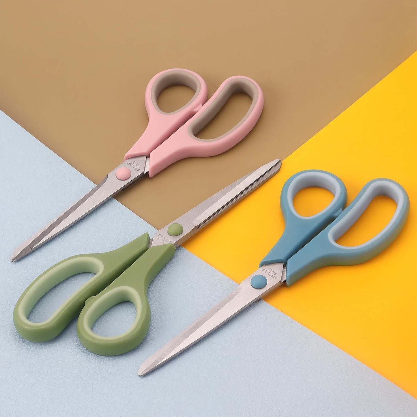 LONGKEY 8.5" Pastel Scissors 3-Pack, Ultra Sharp Stainless Steel | All Purpose Scissors for Office Home School, Soft Comfort-Grip Right/Left Hand