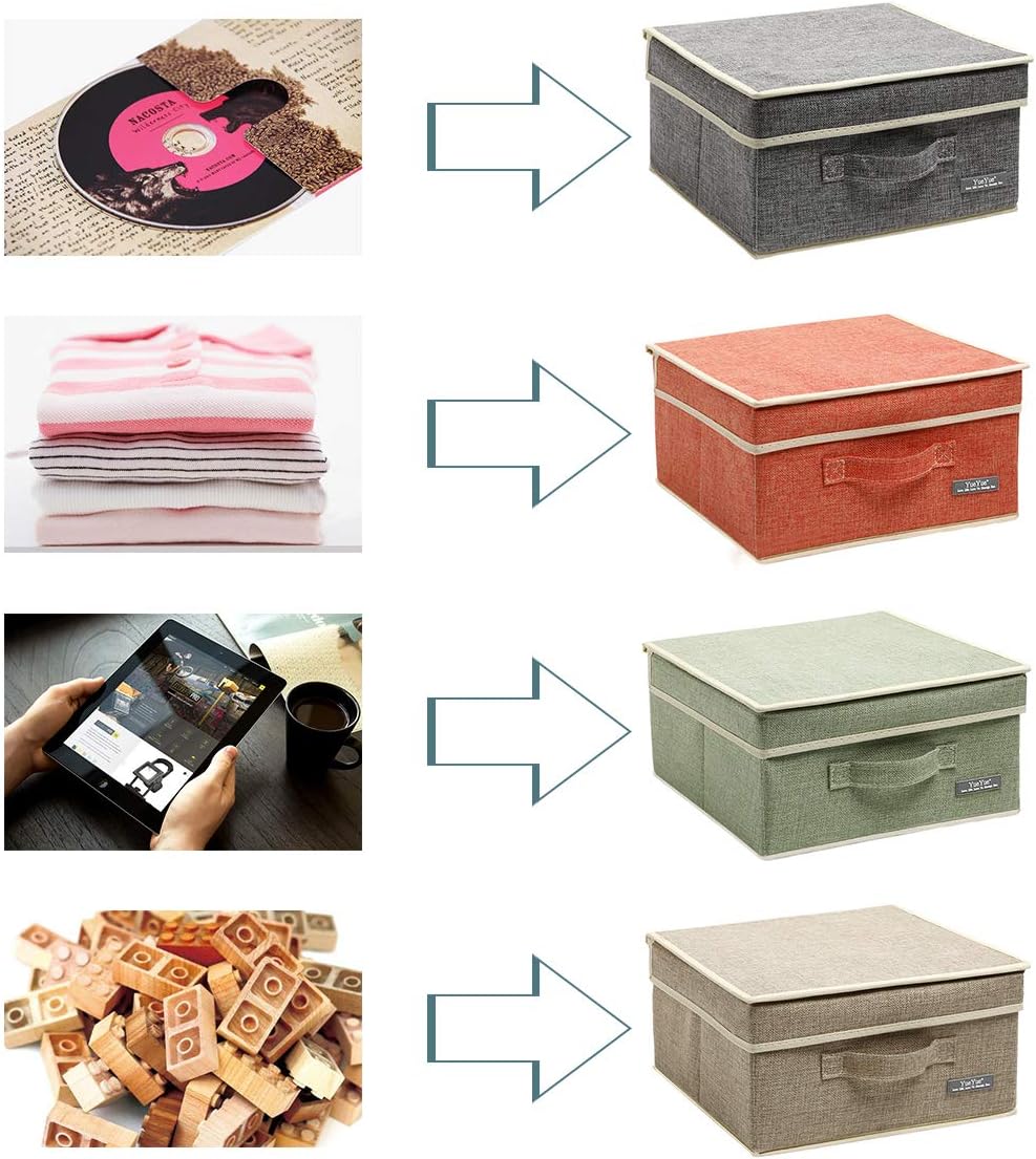 YueYue Fabric Storage Bins with Lids Small 4 Pack, Linen Foldable Storage Box with lids 4 Color Set 12.4in/12in/6.7in