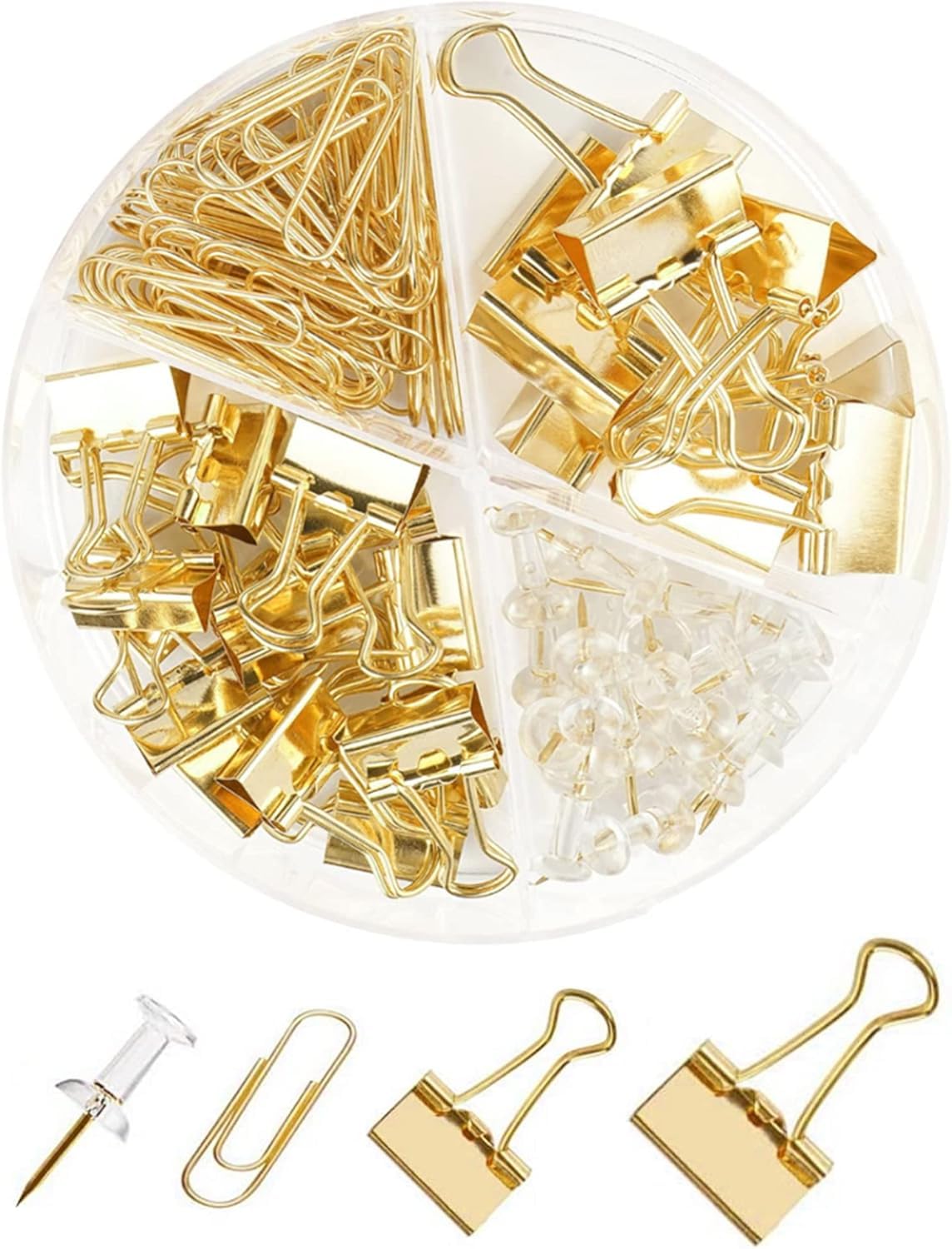 Paper Clips Binder Push Pin Set, Assorted Sized Binder Clips | Cute Office Supplies, Aesthetic Desk Accessories Teachers Desk Must Have, Paper Clips and Binder Clips Set, Gold, 1 Pack