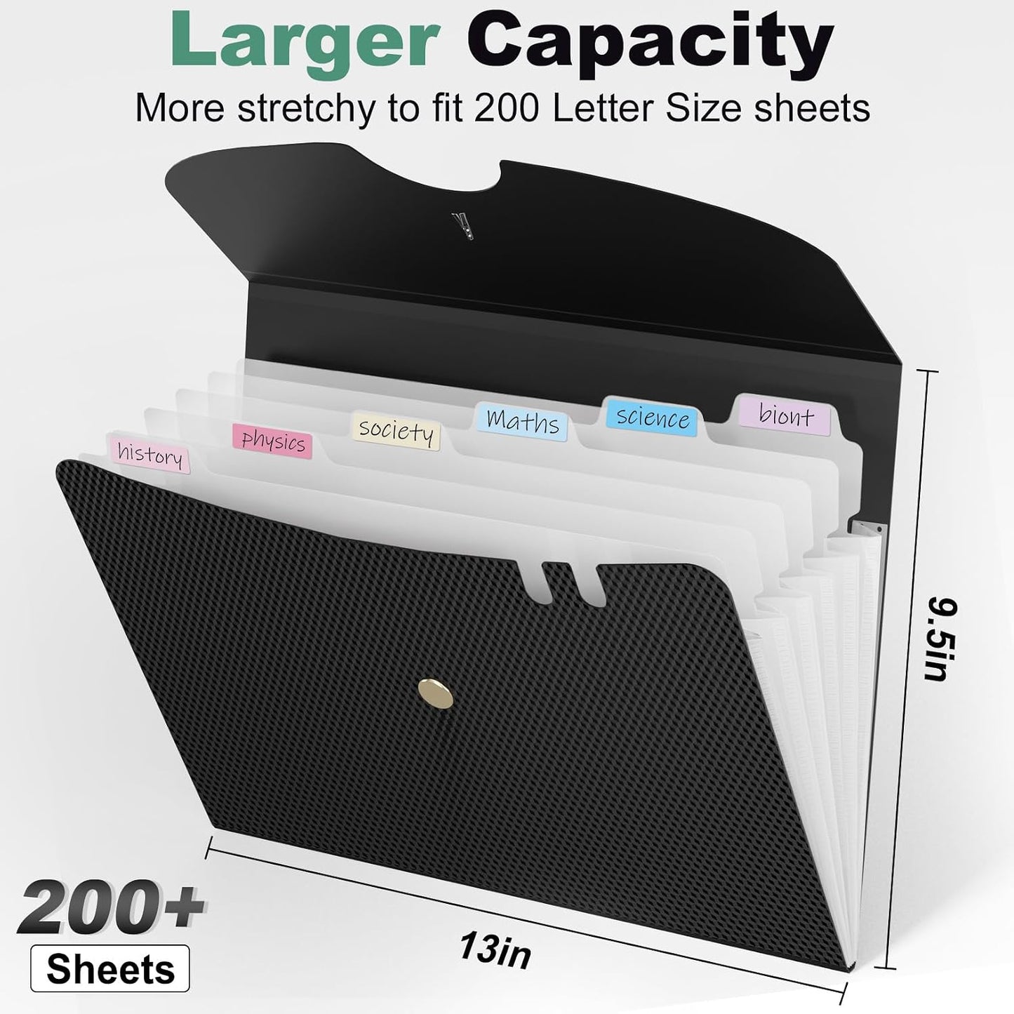 Sooez 7 Pocket Accordion File Organizer, Premium Expanding File Folder | Letter Size Folders for Documents, Sleek Filing Folders with Bungee Closure, Portable Folders School Office Supplies, Black