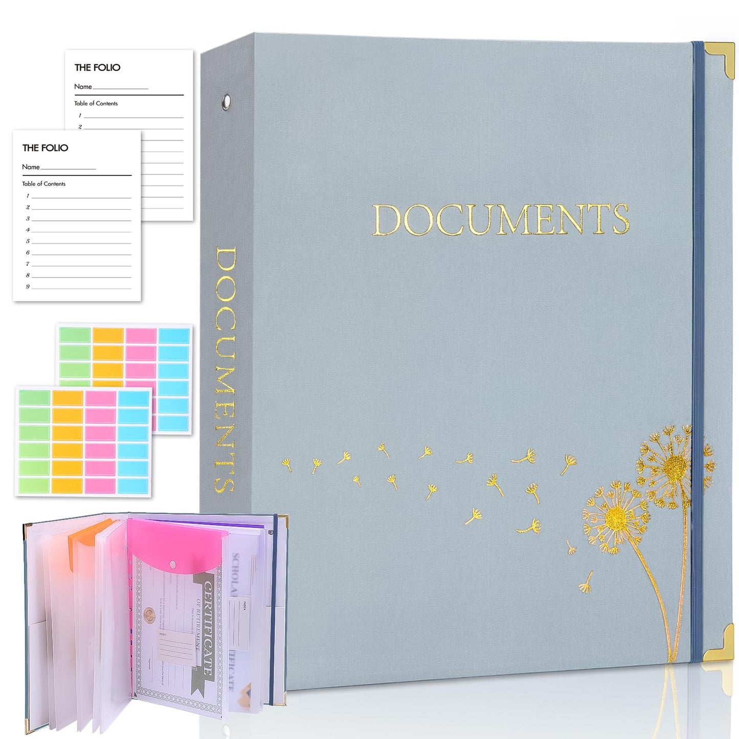 XKDOUS Important Document Organizer 3 Ring Linen Binders Folio File Folders | Navy Expanding Storage Holder with Gold-foiled Hardcover, 9 Pockets & Labels for A4, Letter Size Papers, Home & Office