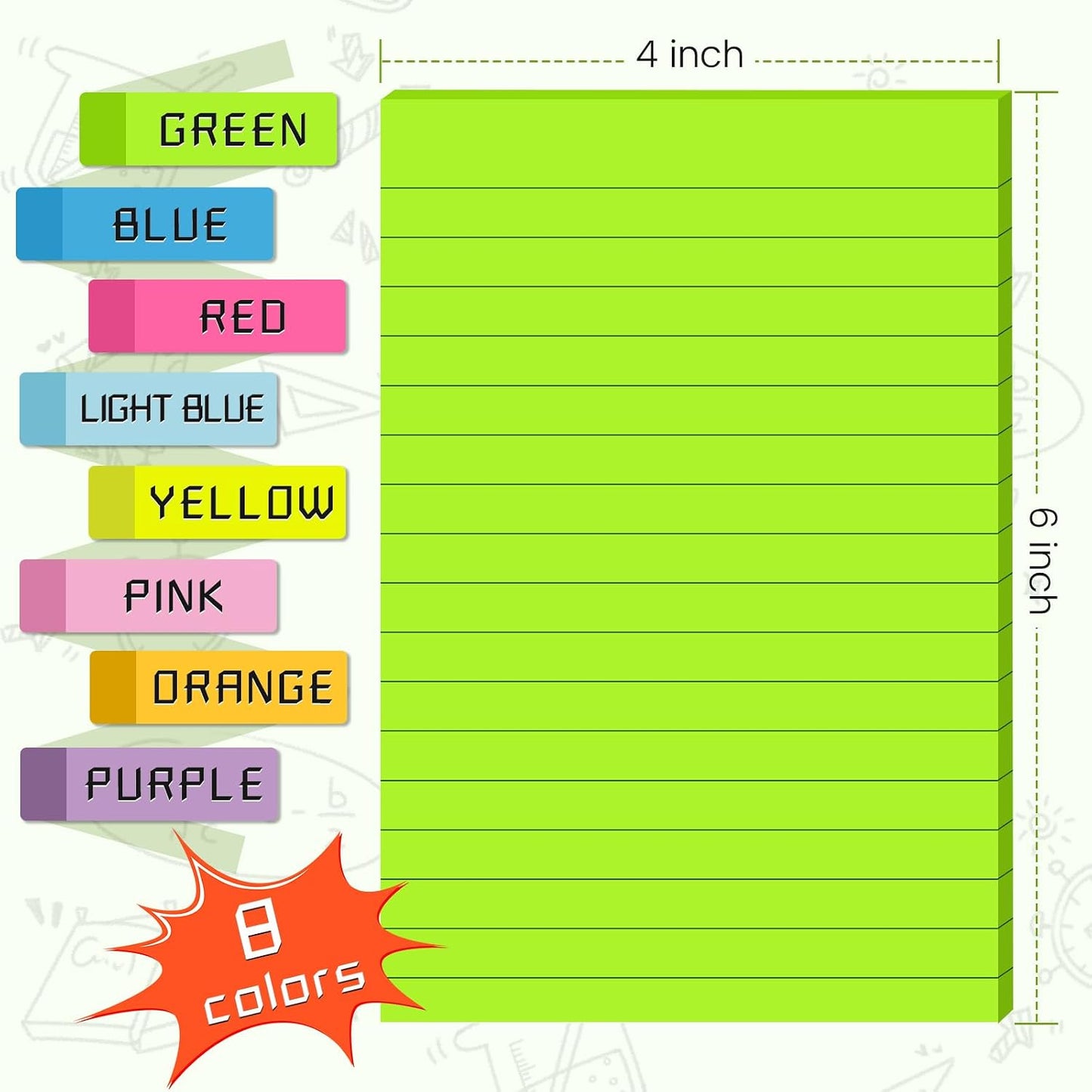 8-Pack Lined Sticky Notes 4x6 in, 8 Bright Colors, Self-Stick Note Pads, Super Sticky, 40 Sheets/Pad, for Office, Home & School