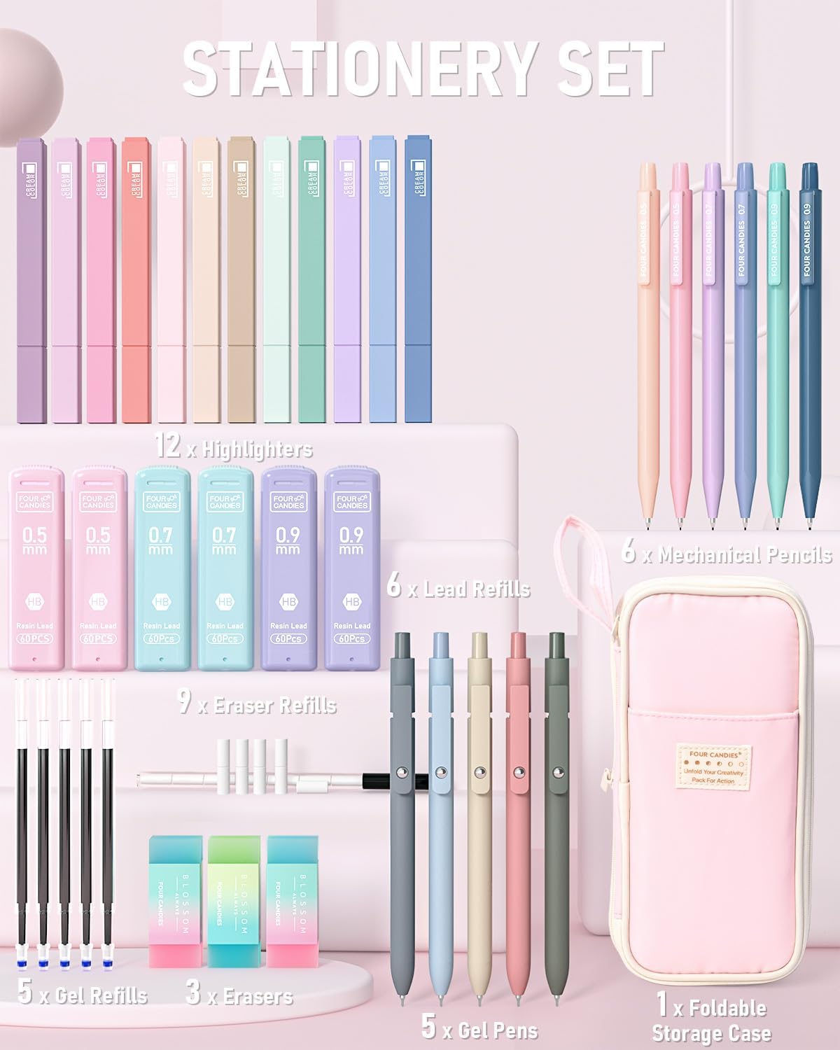 Four Candies School Supplies with Cute Pen Case, 39ct, Pink | Back to School Stationery Set, Essentials for College & Nursing Students, 5 Gel Pens, 6 Mechanical Pencils, 12 Highlighters