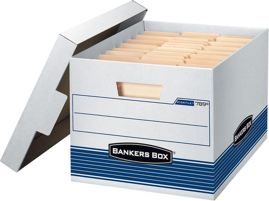 Bankers Box 4-Pack Medium-Duty File Storage Boxes, Letter/Legal, FastFold | Speed through filing with FastFold setup, sturdy stacking, reinforced handles, and dependable document protection.