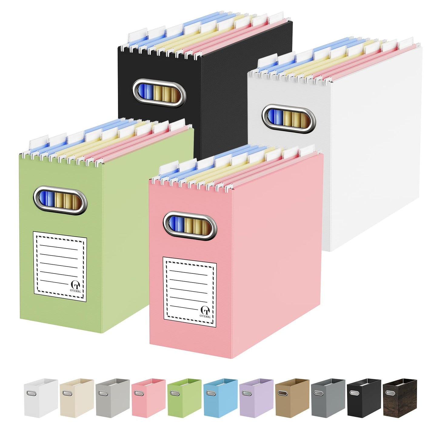 Portable Collapsible Cardboard File Box with Handle for Letter-Size | 4-Pack. Stainless Steel Handle. Label Stickers Included. Fits Letter Folders (Not Included). Home, Office, School, Dorm, Tax.