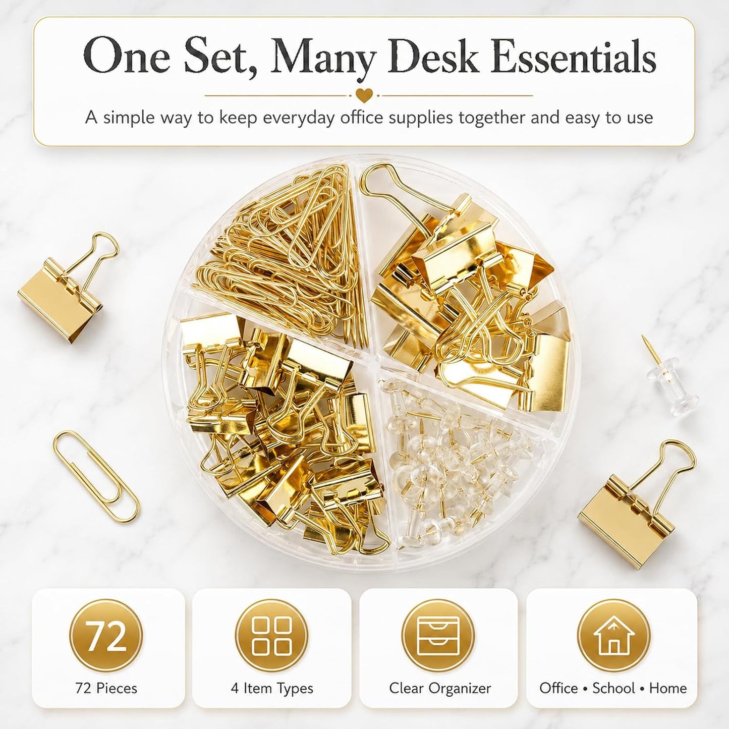 Paper Clips Binder Push Pin Set, Assorted Sized Binder Clips | Cute Office Supplies, Aesthetic Desk Accessories Teachers Desk Must Have, Paper Clips and Binder Clips Set, Gold, 1 Pack