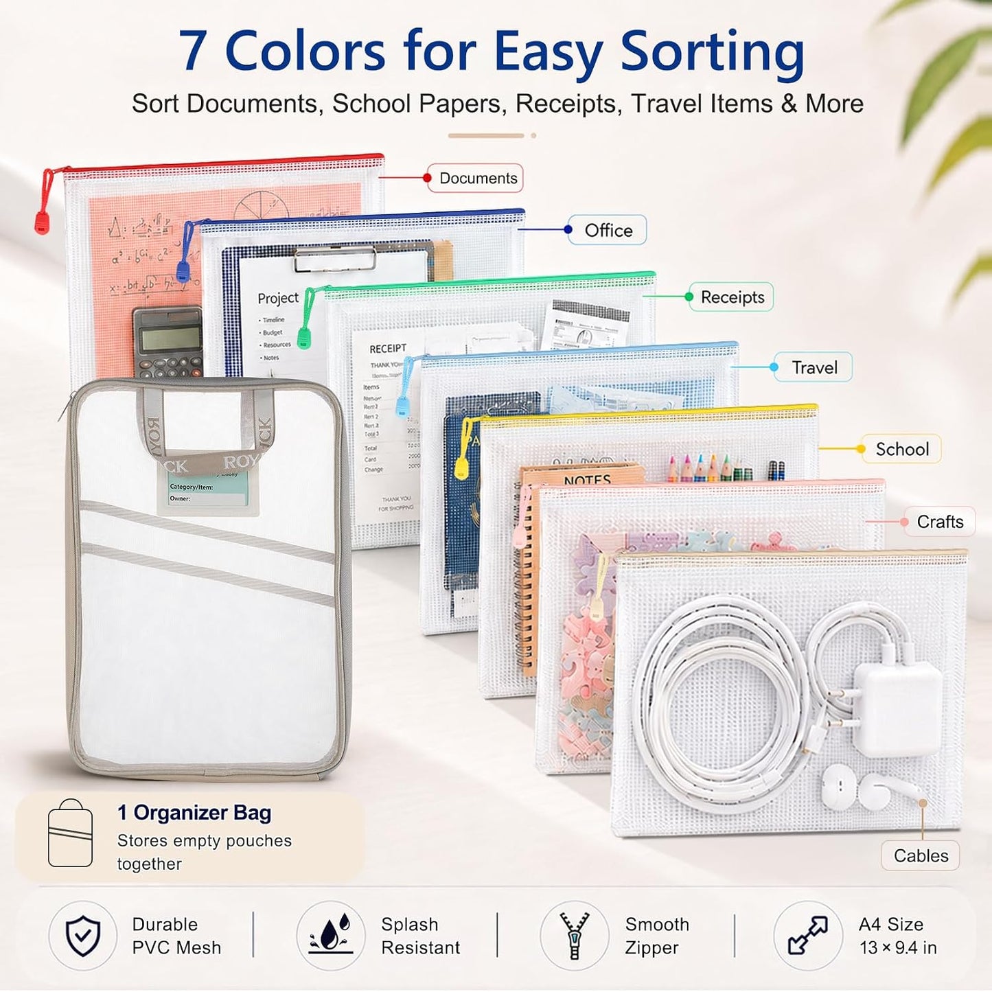 7 Pack PVC Mesh Zipper Pouch Set with 1 Organizer Bag, 8pcs | A4/Letter Size Translucent File Bags Water-Resistant Plastic Document Pouches for Office College School & Travel Supplies