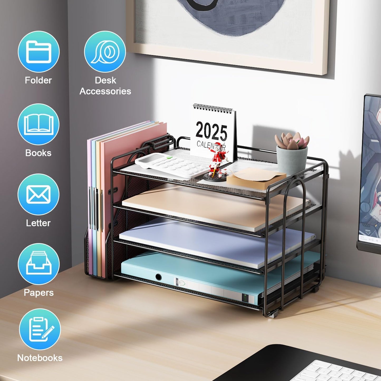 gianotter 4-Tier Paper Organizer With Magazine Holder | Desk Organizers and Accessories, File Organizer for Office Supplies Storag (Black, 4-Tier)