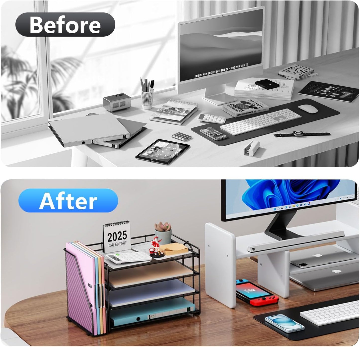 gianotter 4-Tier Paper Organizer With Magazine Holder | Desk Organizers and Accessories, File Organizer for Office Supplies Storag (Black, 4-Tier)