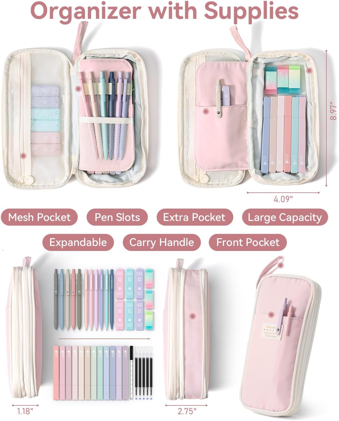 Four Candies School Supplies with Cute Pen Case, 39ct, Pink | Back to School Stationery Set, Essentials for College & Nursing Students, 5 Gel Pens, 6 Mechanical Pencils, 12 Highlighters