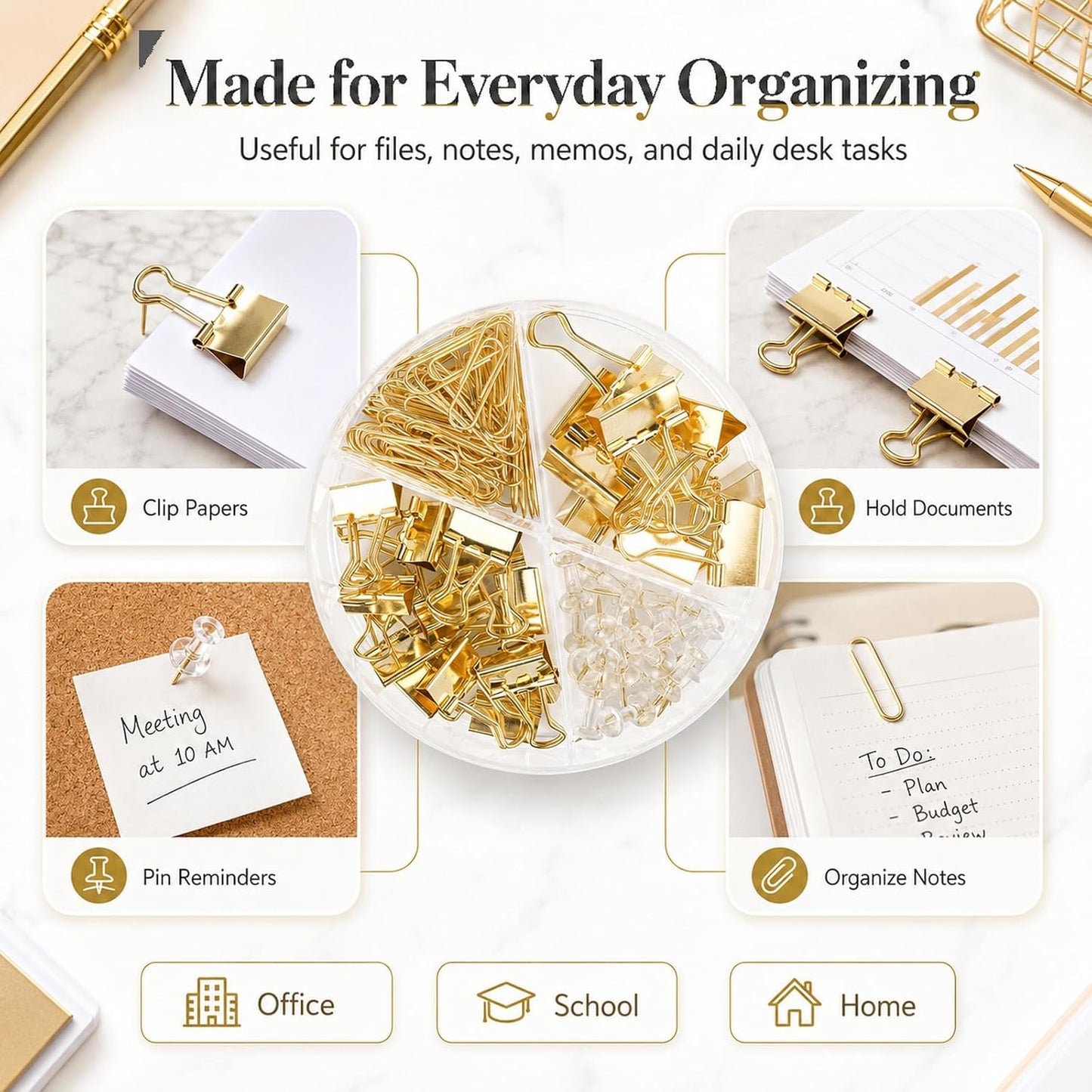 Paper Clips Binder Push Pin Set, Assorted Sized Binder Clips | Cute Office Supplies, Aesthetic Desk Accessories Teachers Desk Must Have, Paper Clips and Binder Clips Set, Gold, 1 Pack