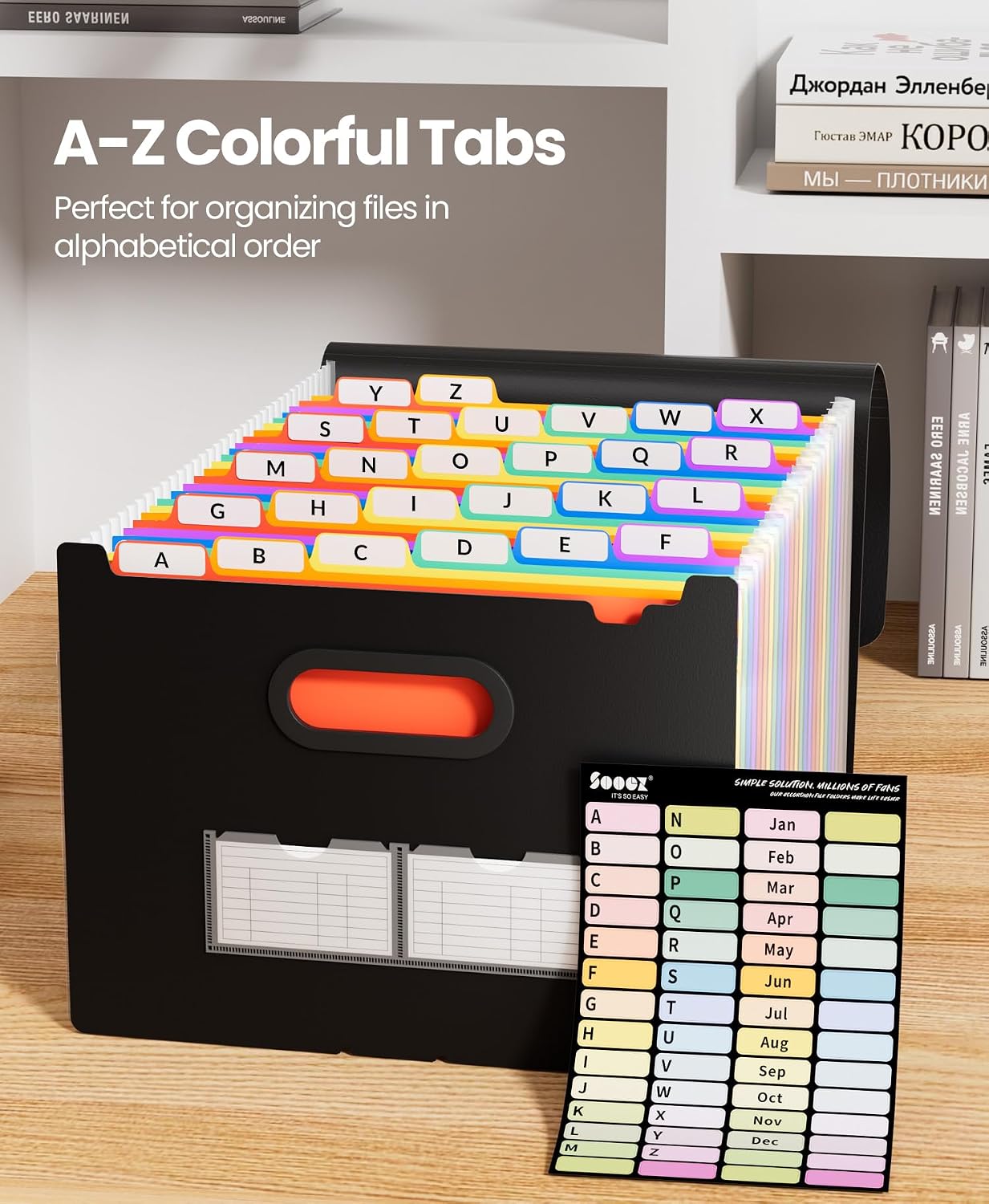 Sooez Accordion File Organizer, 26-Pocket Expanding File Folder Letter Size | A-Z Tabs, Deeper 26-Pocket Keep Index Tabs Visible, Thicken, Bill Tax Receipt Document Organizer Storage, Home Office School