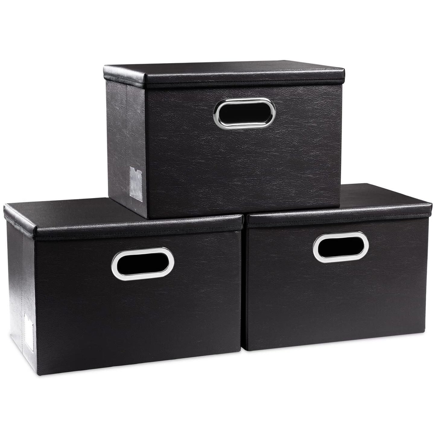 PRANDOM Large Collapsible Storage Bin with Lid [1-Pack] Leather Fabric Foldable Storage Box Organizer Containes Basket Cube with Cover for Home Bedroom Closet Office Nursery Black (17.7x11.8x11.8)