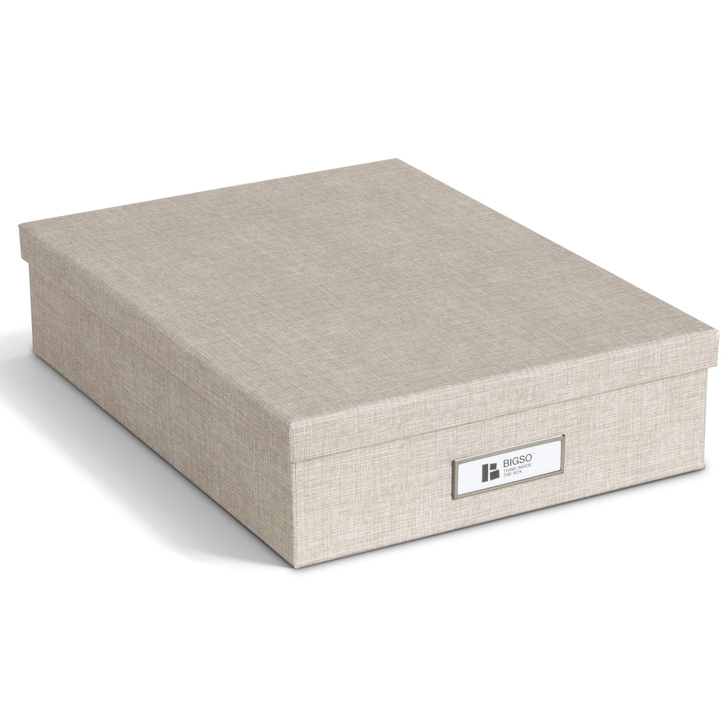 Bigso Oskar Fiberboard Label Frame Document Letter Box - File Organizer Box for Important Paperwork - Durable Document Storage with a Lid & Metal Label Window - 3.3 in x 10.2 in x 13.8 in - White