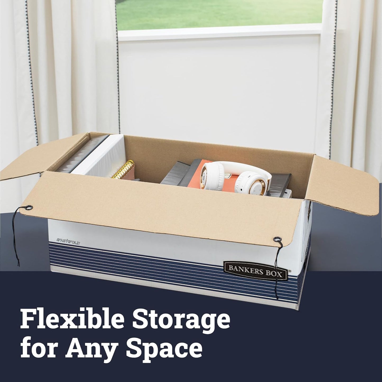Bankers Box 12-Pack String & Button Medium-Duty File Box, Letter, FastFold | Keep important records buttoned up with secure closure, FastFold setup, reinforced handles, and stackable strength.