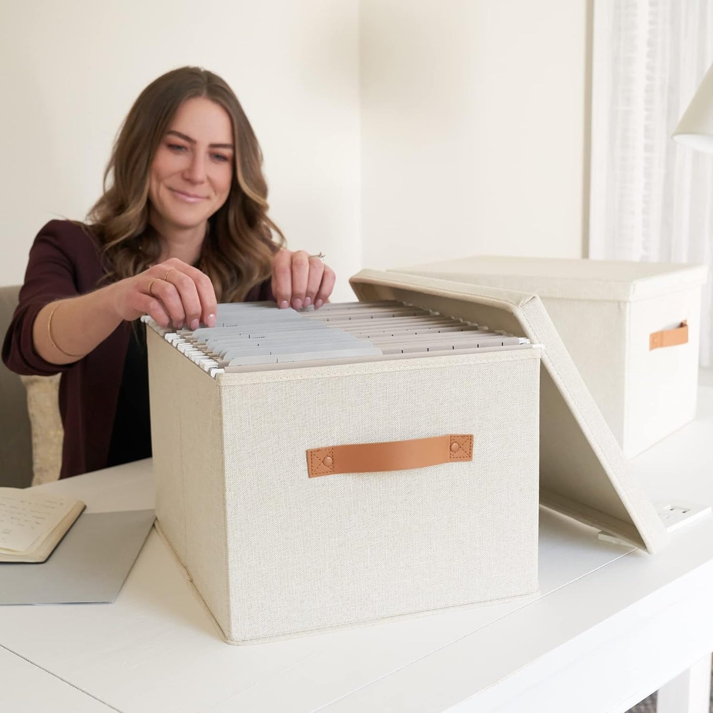 Decorative File Organizer Box Set of 2 - Collapsible Linen Filing Cabinets | Stores Documents and Hanging File Folders - Portable Office Crates with Lid and Handles for Easy Slide Access