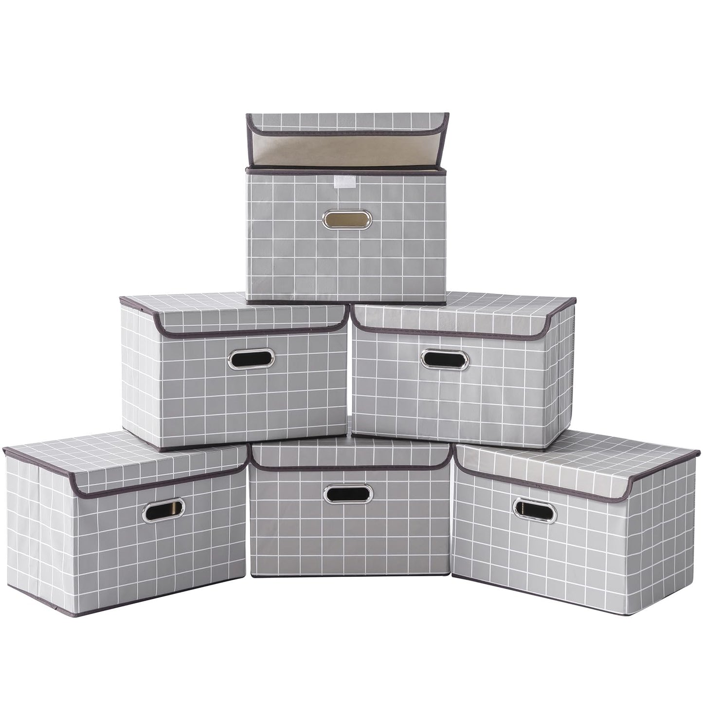 STOREONE Fabric Storage Cube Bins Foldable Organizer Container Collapsible Basket with Lids and Metal Handles, for Home, Bedroom, Closet (Black, 3 Pcs)