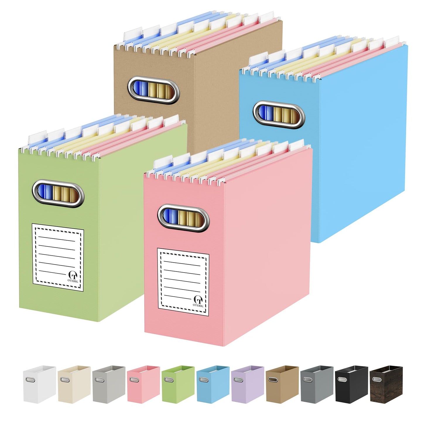 Portable Collapsible Cardboard File Box with Handle for Letter-Size | 4-Pack. Stainless Steel Handle. Label Stickers Included. Fits Letter Folders (Not Included). Home, Office, School, Dorm, Tax.