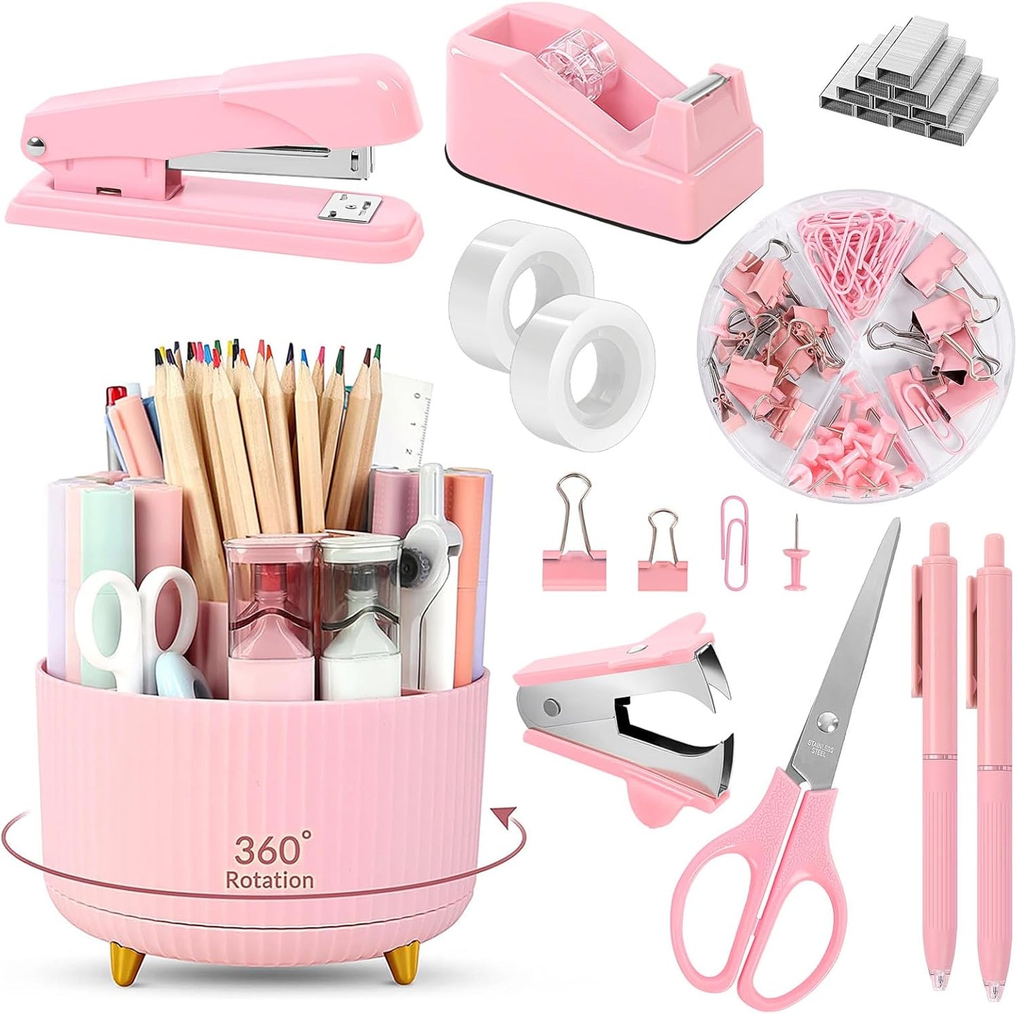 SKYDUE Pink Desk Accessories 10Pcs, Rotating Pen Holder for Desk, Stapler, Staple Remover, Tape Dispenser,2pcs Tape Refills, Binder Paper Clips Kit, Scissor,Pink Office School Supplies