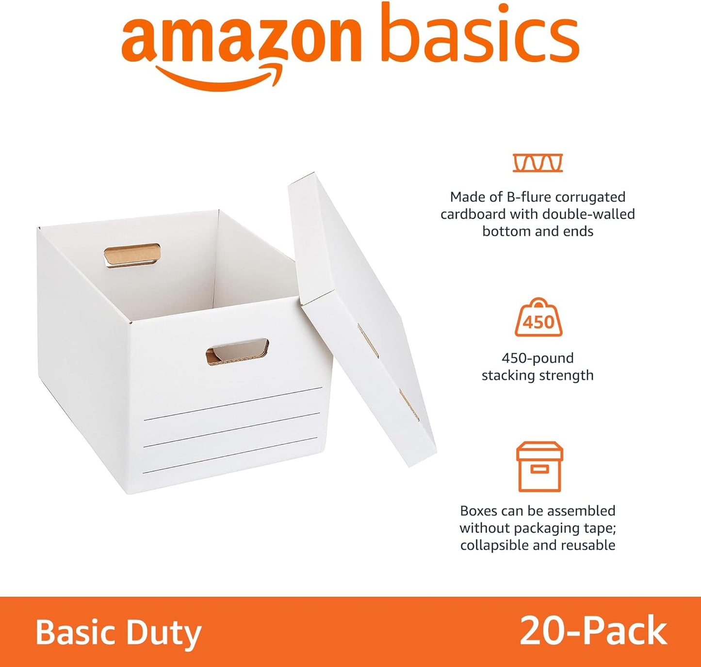 Amazon Basics Storage/Filing Boxes with Lift-Off Lid, Letter/Legal Size, Collapsible, Tape-Free Assembly, White, 16.2" L x 12.5" W x 10.5" H, 20-Pack