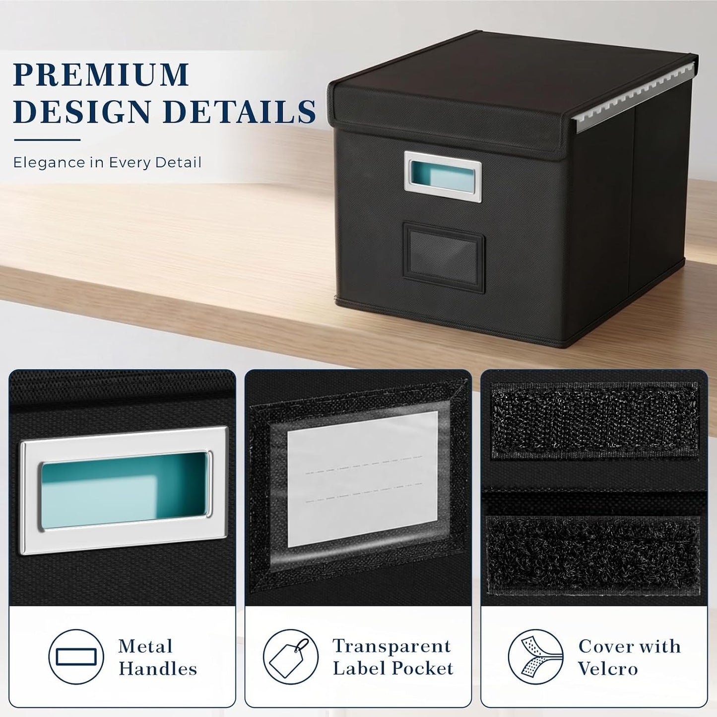 File Organizer Box with Lids, Collapsible File Folder Organizer | File Box with Plastic Slides for Office Document Storage, Filing Bin for Letter Size Hanging File Folders (1 Pack, Black)