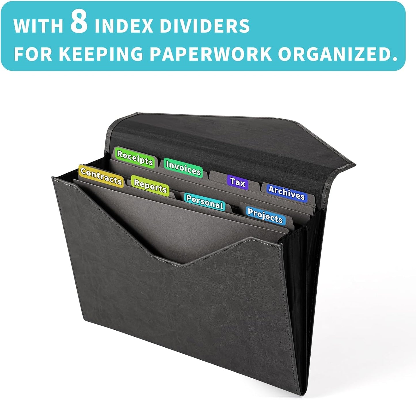 PU Leather Heavy-Duty Expanding File Folder, A5/US Letter Size Document Organizer with 8 Paper File Folder, 4-1/2 Inch Expansion, Grey – for Office, Auto Shop, School Paperwork.