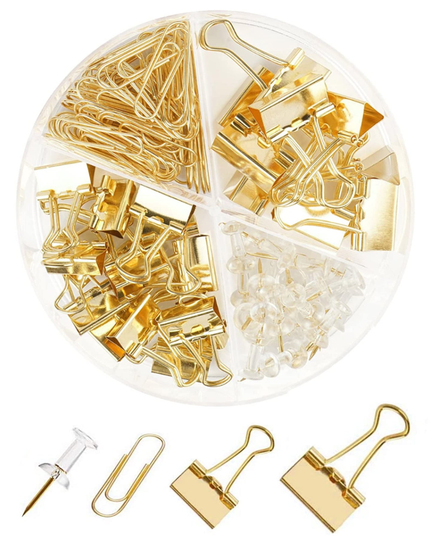 Paper Clips Binder Push Pin Set, Assorted Sized Binder Clips | Cute Office Supplies, Aesthetic Desk Accessories Teachers Desk Must Have, Paper Clips and Binder Clips Set, Gold, 1 Pack