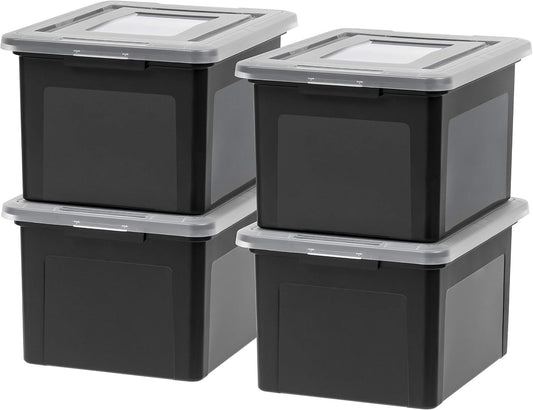 IRIS USA 4-Pack 35 Qt. Letter/Legal File Box with Latching Lid, Black | Protect important documents, letter and legal files with secure storage for home offices, moving, and long-term organization
