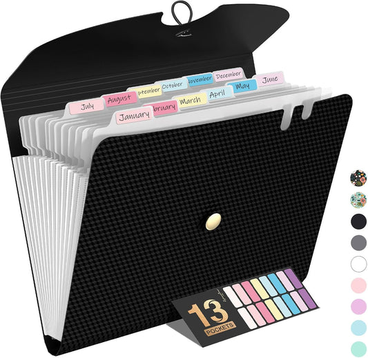 Sooez Expanding File Folders, 13 Pocket Accordion File Organizer, Letter/A4 | Monthly Expandable File Folder for Documents with Labels, Portable Bill Receipt Organizer for School Office Supplies