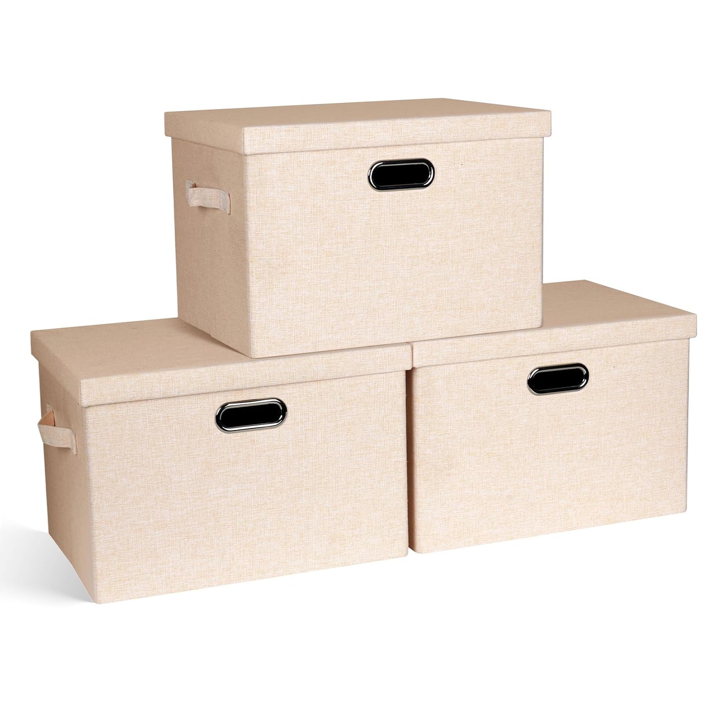 Graciadeco Large Quart Collapsible Stackable Storage Bins with Lids, 3 Packs Beige Linen Fabric Closet Boxes with Lids, Storage Cube Baskets Container Organizers for Bedroom Office(16.6 x 11.7 x 10.8) | 36 Quart 3 Pack Beige Collapsible Stackable Linen Fa