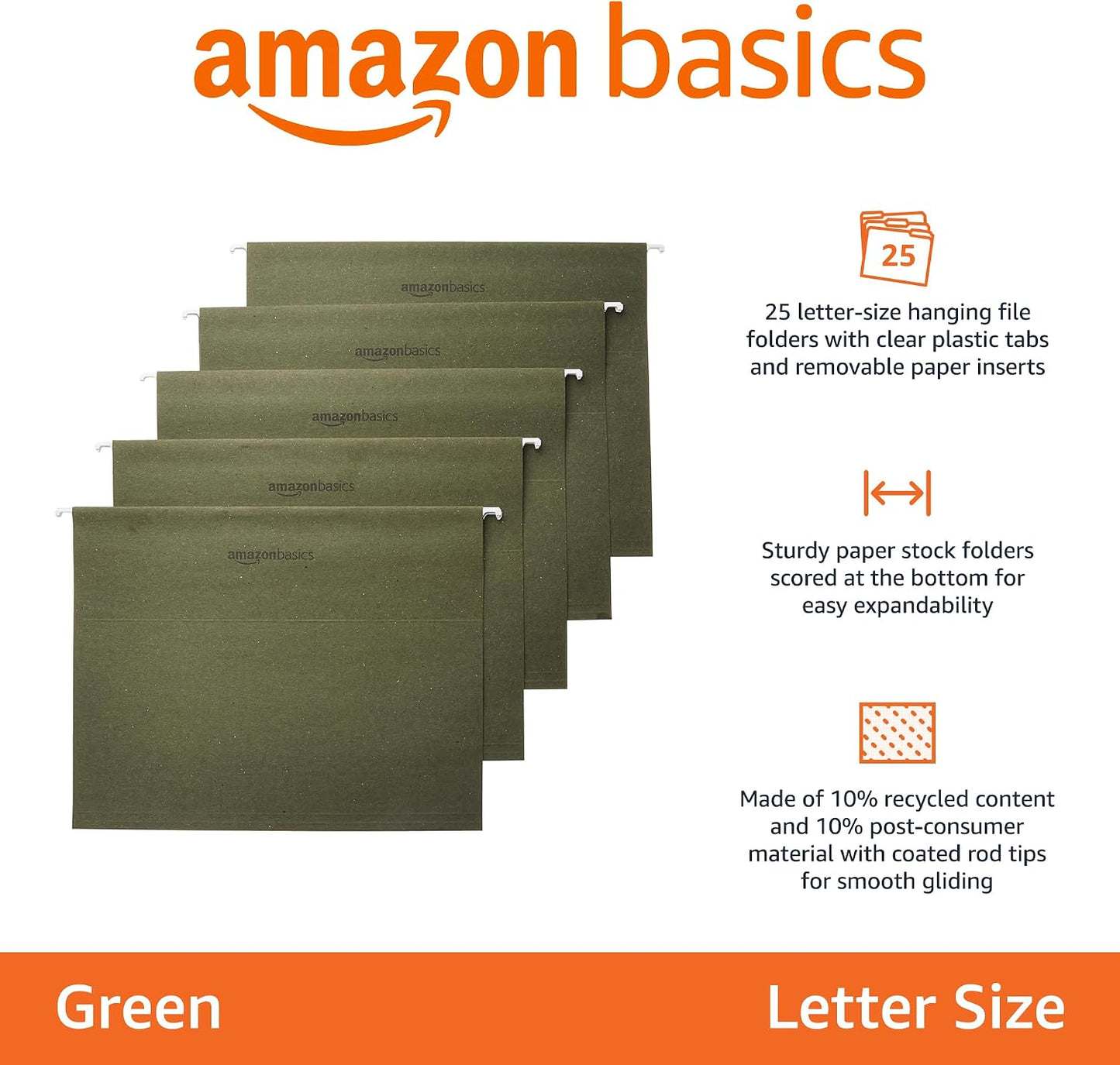 Amazon Basics Hanging File Folders with Adjustable Tabs, Sturdy Expandable Document Organizer, Letter Size 8.5x11 inch, Green, 25-Pack